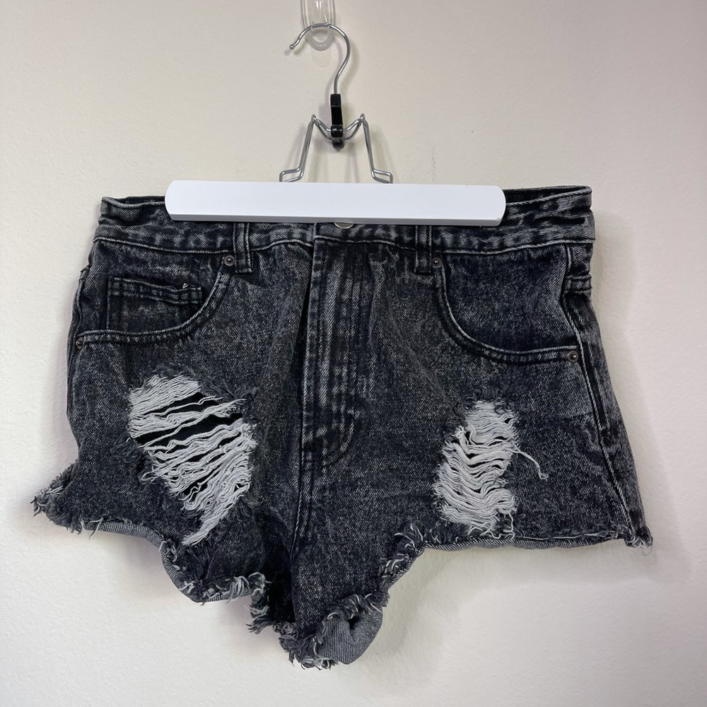 Black Acid wash distress Shorts